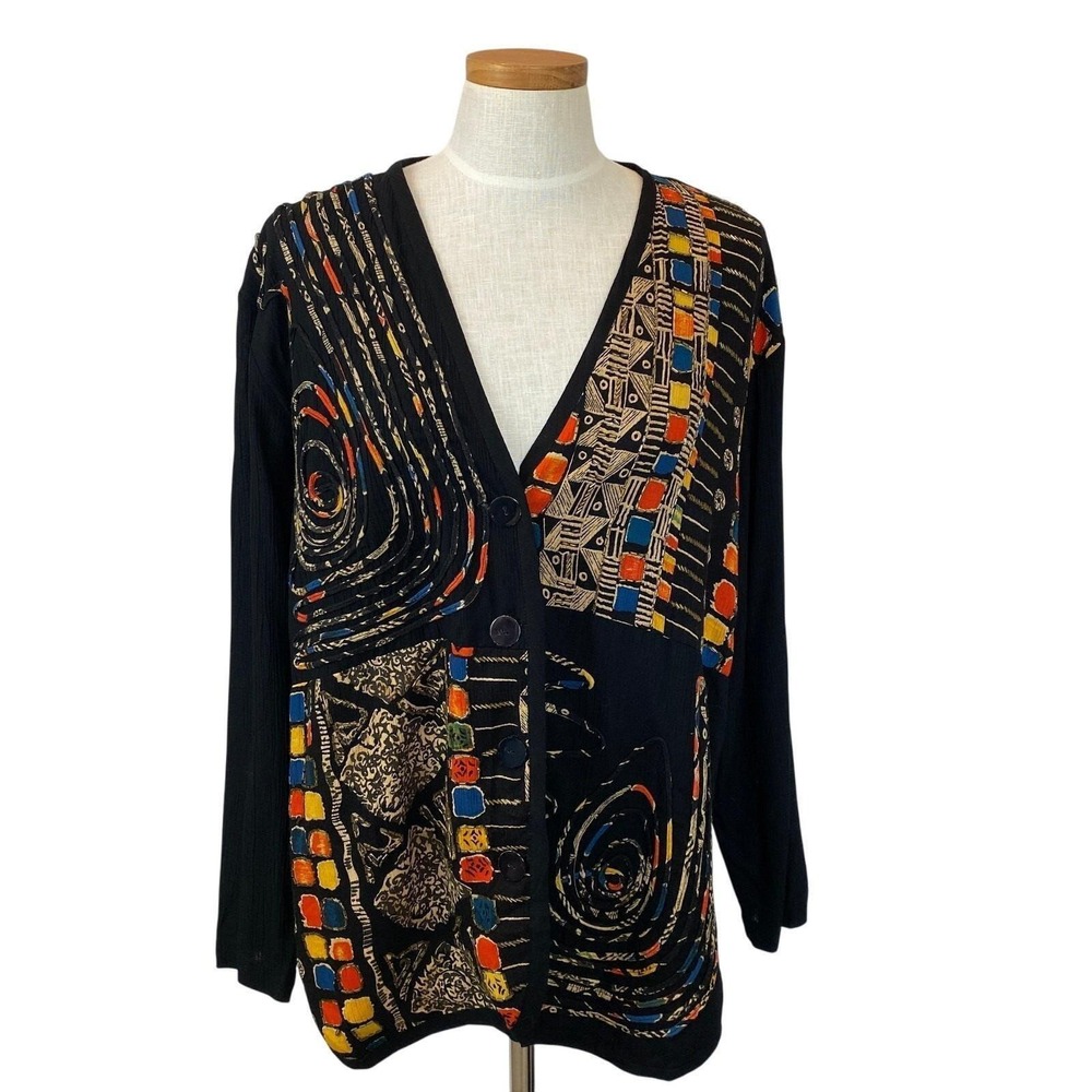 Vintage 90s Halsey Collection Boho Beaded Cardigan Women XL Black Gauze Artwear
